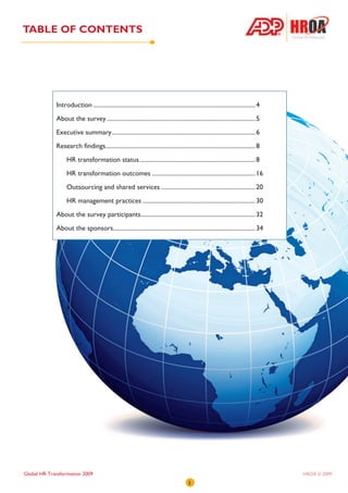 TABLE OF CONTENTS




             Introduction ......................................................................................................... 4
             About the survey ................................................................................................ 5
             Executive summary ............................................................................................. 6
             Research findings................................................................................................. 8
                   HR transformation status ........................................................................... 8
                   HR transformation outcomes ................................................................... 16
                   Outsourcing and shared services ............................................................. 20
                   HR management practices ......................................................................... 30
             About the survey participants .......................................................................... 32
             About the sponsors ............................................................................................ 34




Global HR Transformation 2009                                                                                                           HROA © 2009
                                                                                          3
 