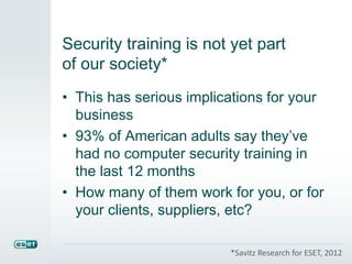 Security training is not yet part
of our society*
• This has serious implications for your
business
• 93% of American adults say they’ve
had no computer security training in
the last 12 months
• How many of them work for you, or for
your clients, suppliers, etc?
*Savitz Research for ESET, 2012
 