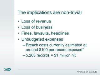 The implications are non-trivial
• Loss of revenue
• Loss of business
• Fines, lawsuits, headlines
• Unbudgeted expenses
– Breach costs currently estimated at
around $190 per record exposed*
– 5,263 records = $1 million hit
*Ponemon Institute
 
