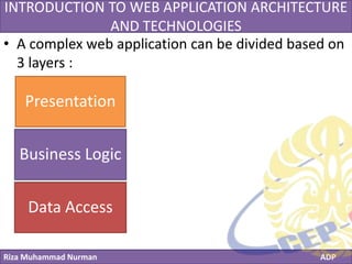 Riza Muhammad Nurman ADP
Click to edit Master title styleINTRODUCTION TO WEB APPLICATION ARCHITECTURE
AND TECHNOLOGIES
• A complex web application can be divided based on
3 layers :
Presentation
Business Logic
Data Access
 