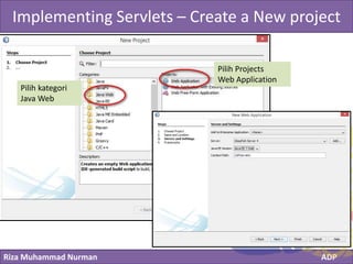 Riza Muhammad Nurman ADP
Click to edit Master title styleImplementing Servlets – Create a New project
Pilih kategori
Java Web
Pilih Projects
Web Application
 