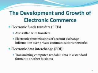The Development and Growth of
Electronic Commerce
 Electronic funds transfers (EFTs)
 Also called wire transfers
 Electronic transmissions of account exchange
information over private communications networks
 Electronic data interchange (EDI)
 Transmitting computer-readable data in a standard
format to another business
10
 