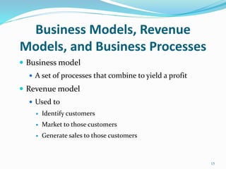 Business Models, Revenue
Models, and Business Processes
 Business model
 A set of processes that combine to yield a profit
 Revenue model
 Used to
 Identify customers
 Market to those customers
 Generate sales to those customers
15
 
