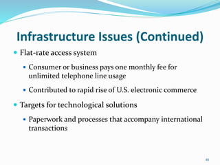 Infrastructure Issues (Continued)
 Flat-rate access system
 Consumer or business pays one monthly fee for
unlimited telephone line usage
 Contributed to rapid rise of U.S. electronic commerce
 Targets for technological solutions
 Paperwork and processes that accompany international
transactions
40
 
