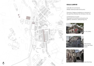 KUALA LUMPUR
Culturally rich and diverse
Widely visited by locals and tourists
Diversity of religious buildings as a remnant of
the past that enhances the richness of the city
Contemporary art scene
Resurgence of activities anchored by city
galleries, exhibitions, wall paintings, etc.
KL City Gallery
Wall paintings
along Jalan Hang
Kasturi
Kwai Chai Hong
 