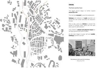 ORIGIN
The River and the Town
The ﬁgure ground began to further expand
around the river
The river was rerouted to ease the development
Railways and networks of roads branches out
across the river further stimulate the expansion
of town
RIver is also used as a division to prevent the
growth of Chinese urban space into the west
bank used for administration
This created a cultural and physical impact on
the ﬁgure ground and scene of place
As the town began to grow, tall and notable
buildings started to be built
(Peng & Ng, 2018)
Tall buildings are built amidst the old buildings.
 
