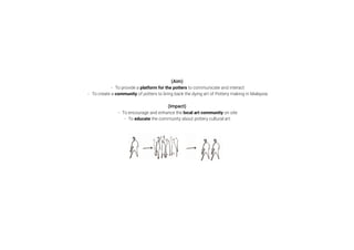 (Aim)
- To provide a platform for the potters to communicate and interact
- To create a community of potters to bring back the dying art of Pottery making in Malaysia
(Impact)
- To encourage and enhance the local art community on site
- To educate the community about pottery cultural art.
 