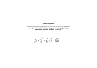 (Spatial programme)
The spatial programme mainly focuses on the ﬂow of the tourists into the building
starting from all 4 contact points, to resting and connecting, experiencing,
participating, educating, exhibiting, and working.
 