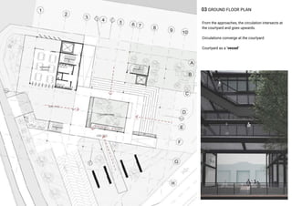 03 GROUND FLOOR PLAN
From the approaches, the circulation intersects at
the courtyard and goes upwards.
Circulations converge at the courtyard
Courtyard as a ‘vessel’
 