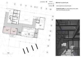 Users experience and participate
Temporary studio as a retail where artists make
their art on the spot and sell it
INDOOR
SEMI OPEN
COVERED
EXPERIENCE
04 FIRST FLOOR PLAN
 