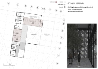 Working (only accessible through dormitory)
Firing and Glazing studio
Molding and design studio
INDOOR
SEMI OPEN
COVERED
WORKING
07 FOURTH FLOOR PLAN
 