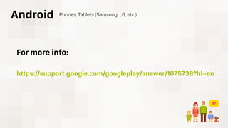 https://support.google.com/googleplay/answer/1075738?hl=en
Android Phones, Tablets (Samsung, LG, etc.)
For more info:
 
