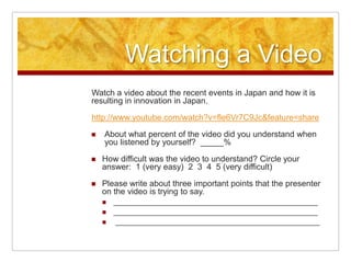 Watching a VideoWatch a video about the recent events in Japan and how it is resulting in innovation in Japan.http://www.youtube.com/watch?v=fle6Vr7C9Jc&feature=shareAbout what percent of the video did you understand when you listened by yourself?  _____%How difficult was the video to understand? Circle your answer:  1 (very easy)  2  3  4  5 (very difficult)Please write about three important points that the presenter on the video is trying to say.____________________________________________________________________________________________________ __________________________________________________