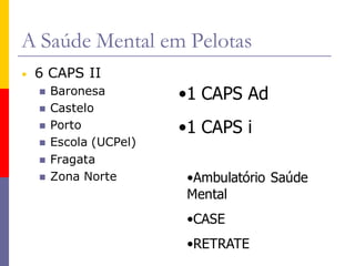A Saúde Mental em Pelotas
•   6 CAPS II
       Baronesa         •1 CAPS Ad
       Castelo
       Porto            •1 CAPS i
       Escola (UCPel)
       Fragata
       Zona Norte        •Ambulatório Saúde
                          Mental
                          •CASE
                          •RETRATE
 