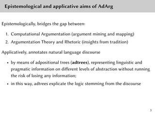 Epistemological and applicative aims of AdArg
Epistemologically, bridges the gap between:
1. Computational Argumentation (argument mining and mapping)
2. Argumentation Theory and Rhetoric (insights from tradition)
Applicatively, annotates natural language discourse
• by means of adpositional trees (adtrees), representing linguistic and
pragmatic information on different levels of abstraction without running
the risk of losing any information;
• in this way, adtrees explicate the logic stemming from the discourse
3
 