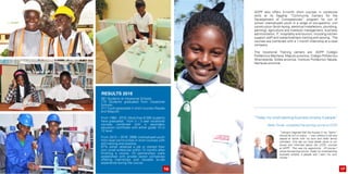 ADPP also offers 3-month short courses in vocational
skills at its flagship “Community Centers for the
Development of Competencies” program for out of
school unemployed youth in a range of occupations: civil
construction (brick-laying, electrical installations, plumbing,
painting), agriculture and livestock management, business
administration, IT, hospitality and tourism, including kitchen
support staff and waiter/waitress training and sewing. The
courses are combined with a 1-month internship at a local
company.
The Vocational Training centers are: ADPP Colégio
Politécnico Machava, Maputo province, Colégio Politécnico
Nhamatanda, Sofala province, Instituto Politécnico Nacala,
Nampula province
Results 2016
“I always imagined that the houses in my “bairro”
should be full of colors. I was without a job and
stayed at home with my aunt and other family
members. One day our local leader came to our
house and informed about the CCDC courses
at ADPP. This was my opportunity. Of course I
chose the painting course. Today my small painting
business employ 4 people and I earn my own
money”
“Today my small painting business employ 4 people”
381 Students at Vocational Schools
175 Students graduated from Vocational
Schools
317 Youth graduated in short courses (Nacala
and Maputo)
From 1984 - 2016: More than 6.000 students
have graduated from 2 – 3 year vocational
courses combined with a secondary
education certificate with either grade 10 or
12 level.
From 2013 – 2016: 3998 Unemployed youth
from local communities in short courses with
skill training and practice.
67% either obtained a job or started their
own small enterprise within 12 months after
finishing a course. 23 partnerships were
established with private sector companies
offering internships and valuable on-job
experience during the course.
Nádia Tomás, completed the painting course at CCDC
1716
 