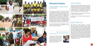 Education Projects
“Nikhalamo”,Girls Stay
in School
The project is working with 18 primary schools
and 3 secondary schools in Namacurra district
in Zambezia province benefiting 2.216 girls. The
project focus on primary school completion and
transition to secondary schools for vulnerable girls
by providing community grants as a substitute for
cash payment to cover fees and other costs in
secondary schools. It also concentrates at having
girl mentors as a safety net for providing ongoing
and psycho-social support to vulnerable girls,
increasing access to water and sanitation services
in schools, and life skills training in student clubs.
At the community level, interventions involve
community pre-schools and awareness of the
importance of girl’s education.
Sport and Play
The Teacher Training College in Macuse,
Namacurra district, Zambezia province, works
with 14 primary schools with Sport and Play-based
inclusive education. The project provides training
and mentoring for teachers, disseminates teaching
and learning materials in play-based methodologies
and have created reading and writing clubs in all
the schools. The project promotes action-oriented
learning, which occurs through sport and play-based
activities that have a physical, cognitive, social and
emotional focus. Sport and play are also used as
an incentive to improve enrolment and attendance
and as a mobilizing tool to engage communities and
stakeholders on key issues affecting education,
including gender issues.
GIRLS INSPIRE
The Girls Inspire project addresses early and forced
marriage and other barriers women and girls face
often preventing them from their full participation
in the various community activities. The project
increases access to sustainable livelihoods for
women and girls in the Nacala area in Nampula
province through open and distance learning.
The project works in 7 communities and the goal is
to reach 2.000 vulnerable girls.
In 2016, the first 242 girls started participating in
the program.
“I was the victim of premature marriage
and suffered a lot of abuse and was
prevented from continuing my studies.
The “Girls Inspire” project opened a
window of opportunity in my life. I went
back to school and today I serve as an
example to the other girls who are going
through similar circumstances”
“Today I serve as an example”
Natália Mitilage Narera, 23 years old, Girls Inspire Nacala
2120
 