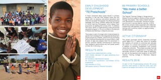 Early Childhood
Development
“70 Preschools”
A major constraint about good results in primary
education is the fact that children enter the first
grade with no previous pre-school education and
often do not speak Portuguese, the official schooling
language. As a result, children spend the first years
of school learning Portuguese, which delays their
acquisition of reading and writing skills. To address
this issue, ADPP is implementing a pilot pre-school
education program in 70 communities in the districts
of Boane and Manhiça in Maputo province.
The project is part of a larger pilot initiative based on
governmentstrategyfortheintegrateddevelopment
of pre-schools for children, which aims at promoting
Early Childhood Development among children under
6 years of age and prepare them for enrolment in
primary schools, thereby contributing to improving
their academic performance and the overall quality
of their life in the long run.
Results 2016
24 pre-schools established and running
1424 children between 3-5 years benefiting from
ECD services
92 Facilitators identified and trained
44 Community Coordination Committees (CCCs)
established.
440 members in CCCs
480 people trained in Parental Education
Active Citizenship
The project promotes active citizenship amongst
youth aged 9 to 17 years and works to increase
the capacity of schools to promote and educate
the youth in a culture and practice of citizenship
in addition to boosting cooperation with existing
citizenship networks. The project provides training
to school directors and teachers at 10 primary and
secondary schools in sub-urban areas of Machava,
as well as the teachers and students of the ADPP
Teacher Training College in Machava, Maputo
province.
Results 2016:
At each of the 10 participating schools, 60 young
activists were trained to lead the clubs, plan and
organize campaigns and events in the community.
60 primary schools
“We make a better
School”
The Teacher Training College in Sanga district,
Niassa Province supports nearby primary schools
through the project “We make a better School”
with distribution of study aids, training of school
councils and in-service teacher training. In 2016,
60 primary schools were supported with didactical
material and 200 teachers went through in-service
training with a positive impact on approximately
23.000 children.
2322
 