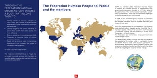Through the
Federation national
members have created
a body that allows
them to:
•	 Discuss issues of common interests on
many levels gain access to comprehensive
experiences of other organizations working in
the same field
•	 develop programs with uniform standards, to
ensure they benefit from better quality and
more efficiency
•	 Draw on assistance in many professional fields
•	 cooperate to maximize results of clothes
collection and sales
•	 speak with a common voice in international
development thus increasing the scope of
influence of their programs
To name just a few of the benefits.
THe Federation HUMANA People to People has
continued to provide services to its members to
have the needed expertise and to uphold high level
on accounting standards.
The Federation Humana People to People
and the members
ADPP is a member of the Federation Humana People
to People, an umbrella network of development non-
government organisations founded in 1977 by a group of
thought-leaders with a common desire to tackle the world’s
major humanitarian, social and environmental challenges
through empowering local communities.
In 1996, as the movement grew, the then 16 members
established a united Federation to step up cooperation
and facilitate members’ efforts to increase the quality and
impact of their work.
Since the establishment of the Federation, the projects
have reached millions of people across the globe. The 31
members operate in 45 countries around the world including
12 countries in Africa, 3 in Latin America, 4 in Asia, 25 in
Europe and 1 in North America.
The Federation and its members employed more than
16,000 people in 2016.
The development projects in Africa, Asia and Latin America
are operated by 14 members, while 17 members in Europe
and North America work with resource generation in
environmental sustainability sector projects through the
collection and selling of second hand clothes with the added
benefit of mitigating the impact of climate change.
46
 