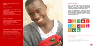 What we do
ADPP is a global frontrunner in empowering local
communities to create sustainable development
contributing significantly to the global fight against poverty
in Mozambique through our award winning projects.
Through the development of programmes aimed at
delivering sustainable and meaningful change, we empower
individuals to take an active role in society as drivers of
their own change in line with the 2030, UN Sustainable
Development Goals (SDGs).
Our key areas of focus are as
follows:
Quality Education
• Tailor-made Teacher Training and opportunities for
youth development
• Higher Education in training of trainers in Pedagogy
and Community Development
• Primary and secondary education
• Technical and vocational education and skill training
programs
Health & Well-being
• Gaining control of disease by implementing global
health projects to prevent and combat
HIV/ AIDS, Tuberculosis, Malaria and other
communicable diseases
• Addressing nutrition improvement and combating
malnutrition
Environment & Sustainable Agriculture
• Supporting small-scale farmers to develop
agricultural skills, livestock, forestry, farming and
agro-business through our Farmers’ Clubs program
• Supporting farmers and producers in climate change
mitigation and conservation for the environment
• Stimulating agricultural production and local trade to
contribute to economic development
OUR VALUES
At the heart of our work are our values:
Solidarity, Determination, Respect, Equality, Dedication,
Empowerment and Cooperation.
0504
Working toward the SDGs:
 