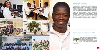 Teacher Training
The Ministry of Education and Human Development
reports that less than half of the population in Mozambique
finishes primary schools, and of those who do finish, only
8 % transit to secondary school. The overall literacy rate is
47%, with female literacy lagging far behind that of male.
One of the main constraints of primary education in
Mozambique is the lack of skilled teachers in remote
rural areas. Adding to the lack of qualified professionals,
the unsupportive working conditions and the learning
difficulties of children in these areas invited challenges to
the implementation of universal education in the country.
“Before I did not know how to communicate with
the students, but the preparation I am getting at
ADPP has given me a lot of confidence.
During the days of practicing at the Machava
Primary School, I started teaching smaller groups.
Today I have confidence and do my practicing with
the whole class”
- Joana Mateus Ndalinda, trainee student
“I am proud to be trained as a teacher at ADPP”
0908
 