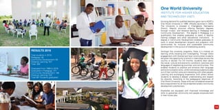 One World University
Institute for Higher Education
and Technology (ISET)
Growing demand for qualified teachers gave rise to ADPP’s
One World University in 1998, officially launched in 2005.
The University is situated in Changalane, Namaacha
District, Maputo province offering Bachelor degrees
through in-class and distance learning in Pedagogy and
Community Development. The degree in Pedagogy is a
qualification that enables graduates to teach in teacher
training colleges and other educational institutions. A
degree in Community Development enables graduates to
work in social development projects and programs with
communities for inclusive and sustainable community
development in the pursuit of eradicating poverty.
Amongst the university programs, there is a module on
learning while traveling and investigating. Through direct
engagement with diverse and local communities students
are given the opportunity to enroll in internships across the
country or abroad. For 3-4 months, students learn about
the social, cultural and economic conditions, practices and
languages of neighboring countries’ and communities. This
enables students to practice and enhance their language
and communication skills, while motivating students to step
out of their comfort zone and interacting with other people.
Learning and exchanging experience with others allows
students to develop a deeper understanding and respect
for diversity. According to the pedagogical objectives of
One World University, these skills are considered essential
and a requirement for all future teachers and/or community
development practitioners.
Graduates are equipped with improved knowledge and
skills to guarantee community and people empowerment
in their future jobs.
RESULTS 2016
Total students in 2016:
Pedagogy: 83
Community Development: 64
Distance Learning: 437
Total: 584
Graduated from 1998 to 2016:
Graduated in Pedagogy: 471
Community Development: 186
Distance Learning: 230
Total 887 Students graduated
1312
 