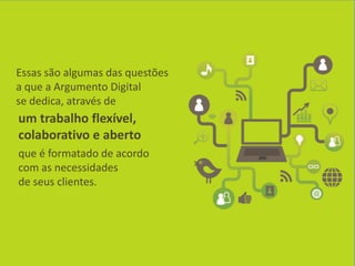 Essas são algumas das questões
a que a Argumento Digital
se dedica, através de
um trabalho flexível,
colaborativo e aberto
que é formatado de acordo
com as necessidades
de seus clientes.
 