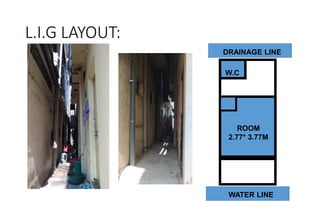 L.I.G LAYOUT:
WATER LINE
DRAINAGE LINE
ROOM
2.77* 3.77M
W.C
 