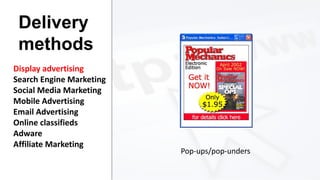 Delivery
methods
Display advertising
Search Engine Marketing
Social Media Marketing
Mobile Advertising
Email Advertising
Online classifieds
Adware
Affiliate Marketing

Pop-ups/pop-unders

 