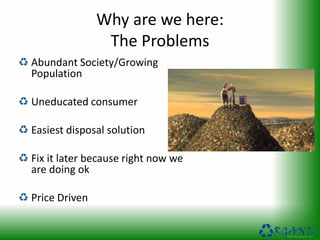 Why are we here:
The Problems
Abundant Society/Growing
Population
Uneducated consumer
Easiest disposal solution
Fix it later because right now we
are doing ok
Price Driven
 