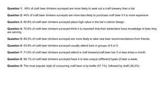 Question 1: 49% of craft beer drinkers surveyed are more likely to seek out a craft brewery than a bar
Question 2: 44% of craft beer drinkers surveyed are more less likely to purchase craft beer if it is more expensive
Question 3: 60.8% of craft beer drinkers surveyed place high value in the bar’s interior design
Question 4: 70.6% of craft beer drinkers surveyed think it is important that their bartenders have knowledge of beer they
are serving.
Question 5: 89.2% of craft beer drinkers surveyed are more likely to take new beer recommendations from friends.
Question 6: 53.9% of craft beer drinkers surveyed usually attend bars in groups of 4 or 5.
Question 7: 71.6% of craft beer drinkers surveyed attend a craft brewery/craft beer bar 3 or less times a month.
Question 8: 96.1% of craft beer drinkers surveyed have 4 or less unique (different) types of beer a week.
Question 9: The most popular style of consuming craft beer is by bottle (47.1%), followed by draft (38.2%)
 