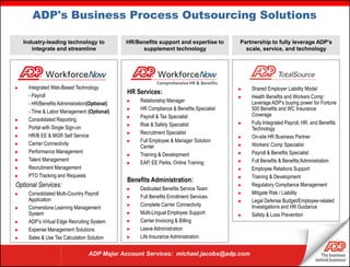ADP's Business Process Outsourcing Solutions

    Industry-leading technology to            HR/Benefits support and expertise to       Partnership to fully leverage ADP's
       integrate and streamline                    supplement technology                   scale, service, and technology




                                                           Comprehensive HR & Benefits
►    Integrated Web-Based Technology                                                     ►   Shared Employer Liability Model
     - Payroll
                                              HR Services:
                                                                                         ►   Health Benefits and Workers Comp:
                                              ►    Relationship Manager                      Leverage ADP’s buying power for Fortune
     - HR/Benefits Administration(Optional)
                                              ►    HR Compliance & Benefits Specialist       500 Benefits and WC Insurance
     - Time & Labor Management (Optional)
                                              ►    Payroll & Tax Specialist                  Coverage
►    Consolidated Reporting
                                              ►    Risk & Safety Specialist              ►   Fully Integrated Payroll, HR, and Benefits
►    Portal with Single Sign-on                                                              Technology
                                              ►    Recruitment Specialist
►    HR/B EE & MGR Self Service                                                          ►   On-site HR Business Partner
                                              ►    Full Employee & Manager Solution
►    Carrier Connectivity                                                                ►   Workers’ Comp Specialist
                                                   Center
►    Performance Management                                                              ►   Payroll & Benefits Specialist
                                              ►    Training & Development
►    Talent Management                                                                   ►   Full Benefits & Benefits Administration
                                              ►    EAP, EE Perks, Online Training
►    Recruitment Management                                                              ►   Employee Relations Support
►    PTO Tracking and Requests                                                           ►   Training & Development
                                              Benefits Administration:
Optional Services:                            ►    Dedicated Benefits Service Team
                                                                                         ►   Regulatory Compliance Management
►    Consolidated Multi-Country Payroll                                                  ►   Mitigate Risk / Liability
                                              ►    Full Benefits Enrollment Services
     Application                                                                         ►   Legal Defense Budget/Employee-related
                                              ►    Complete Carrier Connectivity             Investigations and HR Guidance
►    Cornerstone Learning Management
     System                                   ►    Multi-Lingual Employee Support        ►   Safety & Loss Prevention
►    ADP’s Virtual Edge Recruiting System     ►    Carrier Invoicing & Billing
►    Expense Management Solutions             ►    Leave Administration
►    Sales & Use Tax Calculation Solution     ►    Life Insurance Administration


                                 ADP Major Account Services: michael.jacobs@adp.com
 