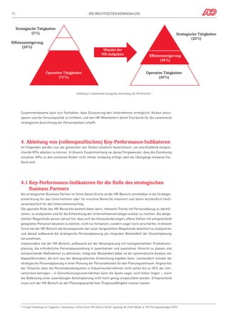 11

Die wichtigsten Kennzahlen

Strategische Tätigkeiten
(5%)

Strategische Tätigkeiten
(20%)

Effizienzsteigerung
(20%)

Wandel der
HR-Aufgaben

Operative Tätigkeiten
(75 %)

Effizienzsteigerung
(40 %)
Operative Tätigkeiten
(40 %)

Abbildung 4; Zunehmende strategische Ausrichtung des HR-Bereiches 21

Zusammenfassend lässt sich festhalten, dass Outsourcing den Unternehmen ermöglicht, Kosten einzusparen und die Servicequalität zu erhöhen, und den HR-Mitarbeitern damit Freiräume für die zunehmend
strategische Ausrichtung der Personalarbeit schafft.

4. Ableitung von (rollenspezifischen) Key-Performance-Indikatoren
Im Folgenden werden nun die genannten vier Rollen inhaltlich konkretisiert, um anschließend entsprechende KPIs ableiten zu können. In diesem Zusammenhang sei darauf hingewiesen, dass die Zuordnung
einzelner KPIs zu den einzelnen Rollen nicht immer eindeutig erfolgt, weil die Übergänge teilweise fließend sind.

4.1 Key-Performance-Indikatoren für die Rolle des strategischen

Business Partners
Als strategischer Business Partner im Sinne David Ulrichs ist der HR-Bereich unmittelbar in die Strategieentwicklung für das Unternehmen oder für einzelne Bereiche involviert und damit letztendlich (mit)verantwortlich für den Unternehmenserfolg.
Die spezielle Rolle des HR-Bereiches besteht dabei darin, relevante Trends mit Personalbezug zu identifizieren, zu analysieren und für die Entwicklung der Unternehmensstrategie nutzbar zu machen. Die dargestellten Megatrends weisen darauf hin, dass sich die Herausforderungen, offene Stellen mit entsprechend
geeigneten Personen besetzen zu können, nicht nur fortsetzen, sondern sogar noch verschärfen. In diesem
Sinne hat der HR-Bereich die Konsequenzen der zuvor dargestellten Megatrends detailliert zu analysieren
und darauf aufbauend die strategische Personalplanung als integralen Bestandteil der Gesamtplanung
vorzunehmen.
Insbesondere hat der HR-Bereich, aufbauend auf der Absatzplanung mit nachgeschalteter Produktionsplanung, die erforderliche Personalausstattung in quantitativer und qualitativer Hinsicht zu planen und
entsprechende Maßnahmen zu definieren. Integraler Bestandteil dabei ist die systematische Analyse von
Kapazitätsrisiken, die sich aus der demografischen Entwicklung ergeben kann. Letztendlich mündet die
strategische Personalplanung in einer Planung der Personalkosten für den Planungszeitraum. Angesichts
der Tatsache, dass die Personalkostenquoten in Industrieunternehmen nicht selten bis zu 30 % der Umsatzerlöse betragen – in Dienstleistungsunternehmen kann die Quote sogar noch höher liegen –, kann
die Bedeutung einer zuverlässigen Kostenplanung nicht hoch genug eingeschätzt werden. Entsprechend
muss sich der HR-Bereich an der Planungsqualität bzw. Prognosefähigkeit messen lassen.

In enger Anlehnung an Capgemini: Developing a Value Driven HR Delivery Model. Applying the Ulrich Model of HR (Vortragsunterlagen 2007).

21 

 