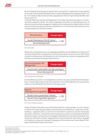 Die wichtigsten Kennzahlen

Bei der Continental AG beispielsweise liegt der Anteil momentan bei 9 %, während das mittelfristige Ziel
bei 16% liegt.24 Bei der Daimler AG liegt der Anteil im mittleren Management (Führungsebene 4) per 31.12.
bei 11,7%, wobei bis 2020 ein Anteil von 20 % angestrebt wird.25 Bei der Fraport AG liegt der Wert schon
heute bei über 31%.
In ähnlicher Weise kann das Diversity-Management auf die Felder Generationenmanagement und Internationalität ausgerichtet werden. Hier können vergleichbare Kennzahlen zur Anwendung kommen. Im
Hinblick auf das Generationenmanagement, bedingt durch den demografischen Wandel, können ähnlich
wie bei der Frauenquote bestimmte Quoten von Mitarbeitern in einer bestimmten Altersklasse oder einer
sonstigen Kategorie als Ziel definiert werden.

Altersstruktur

Change Agent

Anzahl Mitarbeiter (25–35 Jahre)
Gesamtbelegschaft

x 100

KPI 3; Altersstruktur

Denkbar wäre es beispielsweise auch, ein ausgewogenes Verhältnis zwischen Mitarbeitern der Generation Y
und älteren Arbeitskräften zu gewährleisten. Nach Einschätzung der Teilnehmer an einer DGFP-Studie
ist weiterhin die Altersstruktur der Belegschaft vor dem Hintergrund der skizzierten demografischen Entwicklung eine ganz wesentliche Steuerungsinformation.26

Durchschnittsalter der
Belegschaft

Change Agent

Summe der Lebensalter der Beschäftigten
Gesamtbelegschaft
KPI 4; Durchschnittsalter der Belegschaft

Von hoher Bedeutung ist ferner die Verfügbarkeit von Talenten. Hier gibt es unterschiedliche Kennzahlen.
Einen innovativen Weg schlägt hier die Continental AG ein, bei der Führungskräfte nicht nur gute Zahlen,
sondern auch gute Mitarbeiter bzw. Talente hervorbringen müssen.

Interne
Talentgenerierungsstärke

Change Agent

Anzahl intern generierter Talente
Anzahl Führungskräfte (gesamt)

x 100

KPI 5: Interne Talentgenerierungsstärke

Gerade im Hinblick auf die Gewinnung und das Halten talentierter „Hoffnungsträger“ hat sich in den letzten Jahren das Employer Branding etabliert, wobei Konzepte aus dem Marketing – insbesondere der Markenbildung – angewandt werden, mit dem Ziel, ein Unternehmen insgesamt als attraktiven Arbeitgeber
darzustellen, letztendlich, um die Effizienz der Personalrekrutierung wie auch die Qualität der Bewerber
dauerhaft zu steigern sowie qualifizierte und engagierte Mitarbeiter durch eine höhere Identifikation langfristig an das Unternehmen zu binden.27 Beispiele hierfür in Deutschland sind die „Be Lufthansa“-Kampagne
der Lufthansa, die „Are you auto-motivated?“-Kampagne von Continental oder die „Passion Wanted!“-Kampagne von McKinsey  Company Deutschland.

Vgl. Schneider, M.C. (2012).
Vgl. Daimler AG (2010), S. 60.
26 
Vgl. Deutsche Gesellschaft für Personalführung (Hrsg.): HR Kennzahlen auf dem Prüfstand, PraxisPapier 5/2011, Düsseldorf 2011, S. 6.
27
Vgl. Wikipedia, abgerufen am 23.10.2012.
24 
25 

14

 