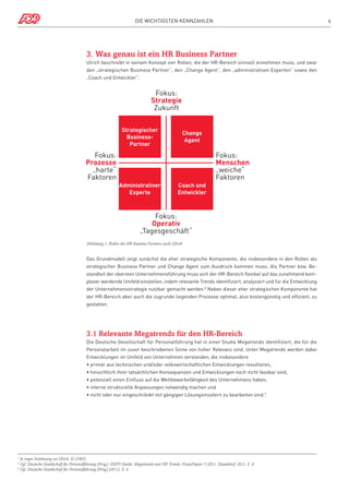 Die wichtigsten Kennzahlen

6

3. Was genau ist ein HR Business Partner
Ulrich beschreibt in seinem Konzept vier Rollen, die der HR-Bereich sinnvoll einnehmen muss, und zwar
den „strategischen Business Partner“, den „Change Agent“, den „administrativen Experten“ sowie den
„Coach und Entwickler“.

Fokus:
Strategie
Zukunft
Strategischer
BusinessPartner

Fokus:
Prozesse
„harte“
Faktoren

Administrativer
Experte

Change
Agent

Coach und
Entwickler

Fokus:
Menschen
„weiche“
Faktoren

Fokus:
Operativ
„Tagesgeschäft“
Abbildung 1; Rollen des HR Business Partners nach Ulrich7

Das Grundmodell zeigt zunächst die eher strategische Komponente, die insbesondere in den Rollen als
strategischer Business Partner und Change Agent zum Ausdruck kommen muss. Als Partner bzw. Bestandteil der obersten Unternehmensführung muss sich der HR-Bereich flexibel auf das zunehmend komplexer werdende Umfeld einstellen, indem relevante Trends identifiziert, analysiert und für die Entwicklung
der Unternehmensstrategie nutzbar gemacht werden.8 Neben dieser eher strategischen Komponente hat
der HR-Bereich aber auch die zugrunde liegenden Prozesse optimal, also kostengünstig und effizient, zu
gestalten.

3.1 Relevante Megatrends für den HR-Bereich
Die Deutsche Gesellschaft für Personalführung hat in einer Studie Megatrends identifiziert, die für die
Personalarbeit im zuvor beschriebenen Sinne von hoher Relevanz sind. Unter Megatrends werden dabei
Entwicklungen im Umfeld von Unternehmen verstanden, die insbesondere
•  rimär aus technischen und/oder volkswirtschaftlichen Entwicklungen resultieren,
p
• insichtlich ihrer tatsächlichen Konsequenzen und Entwicklungen noch nicht fassbar sind,
h
•  otenziell einen Einfluss auf die Wettbewerbsfähigkeit des Unternehmens haben,
p
•interne strukturelle Anpassungen notwendig machen und
•  icht oder nur eingeschränkt mit gängigen Lösungsmustern zu bearbeiten sind.9
n

In enger Anlehnung an Ulrich, D. (1997).
Vgl. Deutsche Gesellschaft für Personalführung (Hrsg.): DGFP-Studie: Megatrends und HR Trends, PraxisPapier 7/2011, Düsseldorf 2011, S. 4.
9 
Vgl. Deutsche Gesellschaft für Personalführung (Hrsg.) (2011), S. 4.
7

8 

 