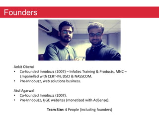 Founders 
Ankit Oberoi 
• Co-founded Innobuzz (2007) – InfoSec Training & Products, MNC – 
Empanelled with CERT-IN, DSCI & NASSCOM. 
• Pre-Innobuzz, web solutions business. 
Atul Agarwal 
• Co-founded Innobuzz (2007). 
• Pre-Innobuzz, UGC websites (monetized with AdSense). 
Team Size: 4 People (including founders) 
 
