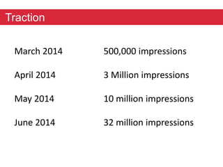 Traction 
March 2014 500,000 impressions 
April 2014 3 Million impressions 
May 2014 10 million impressions 
June 2014 32 million impressions 
 