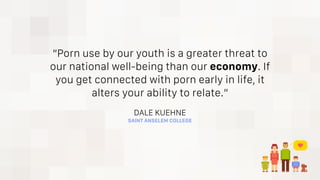 “Porn use by our youth is a greater threat to
our national well-being than our economy. If
you get connected with porn early in life, it
alters your ability to relate.”
DALE KUEHNE
SAINT ANSELEM COLLEGE
 