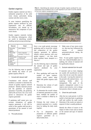 . . . . . . . . . . . .8
Garden organics
Garden organics material can form a
substantial proportion of the solid
waste stream, particularly during
summer and after storm events.
In some instances quantifying the
garden organics produced by your
organisation may be difficult.
Nevertheless, you should try to
characterise this component of your
waste stream.
Garden organics materials include
the following subcategories, which
are useful in identifying suitable
handling and processing technology:
Use the following steps to quantify
and identify the nature of your
garden organics (Plate 4):
1. Consult with relevant staff
Consultation with relevant staff
members is essential to determine the
amount of garden organics material
produced. Identify materials present
and the quantities of materials
generated. If possible, ask gardening
staff to fill out Form 2 for a two week
period to characterise the garden
organics generated.
If gardening staff cannot give you
accurate estimations of garden
organics generated, it will still be
useful to have garden staff provide a
guesstimate of the amount of each
material produced.
2. The audit process
Over a two week period, encourage
gardening staff to record the volume
and composition of the garden
organics generated. In addition,
identify current practices with your
garden organics – are they stock
piled, mulched, burnt, dumped in a
skip etc.?
Use the following steps to determine
the amount and type of garden
organics produced by your
organisation:
§ Have gardening staff count the
number of grass catchers,
trailers, trucks, and/or skips
filled with garden organics each
day.
§ Determine the volume of each
type of storage medium.
§ To determine the overall volume
of materials generated on a daily
basis, multiply the number of
times a container is filled by its
volume.
§ Estimate the total volume of
material generated on a weekly
basis by adding the daily totals
together.
§ Try to characterise the
proportion of different garden
organics generated on a
daily/weekly basis.
§ Make notes of any storm events
etc. that may have influenced the
amount of material
generated/collected during the
audit period.
Note: If your garden organics have
been size reduced/shredded prior to
auditing, the volume of material will
be significantly reduced.
3. Exclude materials from the audit
If materials such as lawn clippings
are usually left uncollected on lawn
areas, then do not count this material
in the audit. Leaving this material on
the ground is the optimal choice – not
requiring further effort or
management. The goal of the
organics management system is to
improve poor practice, not to change
best practice where it already occurs.
4. Check the audit results
After the two week period, it will be
useful to feed data back to gardening
staff and confirm the audit results.
Determine if the results are typical or
atypical of what is usually produced.
Identify the effects of season or the
impact of other events such as storms
on the amount and type of material
produced.
Plate 4. Quantifying the amount and type of garden organics produced by your
organisation may be difficult, but it is still important if you want to use this material
in your new organics management system.
Material Detail
Putrescible
garden
organics
grass clippings
Non-woody
garden
organics;
leaves, sapwood,
prunings (<10 mm ∅)
Woody garden
organics;
branches, twigs
(>10 mm ∅)
Trees and
limbs;
Stumps and
rootballs.
 
