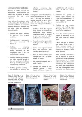 . . . . . . . . . . . .5
Mixing a suitable feedstock
Preparing a suitable feedstock for
processing in a vermiculture unit is a
crucial step in ensuring a healthy
environment for the worm
population.
Many failures of vermiculture units
can be attributed to the addition of
unsuitable feedstocks or excessive
quantities of feedstock. Problems that
can result from an unsuitable
feedstock include:
§ feedstock too moist – resulting
in anaerobic (low oxygen)
conditions;
§ feedstock too dry – not suitable
for worm movement and
habitation;
§ feedstock containing
components that cannot be
readily processed by the
vermiculture unit – such as
seafood or dairy material;
§ feedstock loading rate too high –
too much feedstock applied to
the unit resulting in feedstock
build up, anaerobic (low oxygen)
conditions and worm death;
§ feedstock particles too large –
size reduction is necessary for
effective processing (eg.
particles >50 mm should be size
reduced).
Some generic vermiculture feedstock
recipes have been given in Tables 1
and 2. The steps for preparing a
suitable feedstock are given below
and will follow the recipe for a
mixed fruit and vegetable feedstock
(by volume).
1. Feedstock should be prepared
daily. Storage of feedstock and
unprocessed food organics
components should be avoided
as this can result in odour
production and pest attraction.
2. Wear gloves and an apron whilst
handling materials and preparing
feedstock.
3. Collect source separated mixed
fruits and vegetables from
collection point (eg. kitchen).
4. Place the raw size reduced food
organics (Plate 2) in a tub or tray
suitable for mixing.
5. Size reduce by chopping with a
spade (Plate 3).
6. Estimate the volume of raw
organics material – using
buckets of known volume is
helpful for this task, or mark the
inside of tub for different
volumes.
7. Determine the quantity of
bulking agent required (see
Table 2) to obtain a suitable C:N
ratio, moisture content and
structure (Plate 5).
8. Combine the raw organics
material and bulking agent
thoroughly. A fork or shovel is
useful for this task (Plate 6).
9. Check the moisture content is
suitable by performing the ‘fist
test’ (also known as ‘squeeze
test’).
Take a hand dull of feedstock
and squeeze firmly (Plate 7).
Some moisture should be
released between the fingers
however the feedstock should
not be saturated.
If the feedstock is too moist, it
may be beneficial to allow the
bulking agent in the feedstock to
absorb moisture for 10 minutes
and then checking the moisture
content again. The bulking agent
may absorb more of the moisture
over time. If the feedstock is still
too moist, more bulking agent
Plate 5. Blending of a
cardboard bulking agent with
raw fruit and vegetable
feedstock to soak up excess
water and to raise the C:N
ratio to an optimum level.
Plate 6. Use a fork or
shovel to blending the
feedstock components.
Plate 7. ‘Fist test’ used
to determine the correct
moisture content for the
feedstock.
Plate 8. Final feedstock of
mixed fruit and vegetables
blended with a cardboard
bulking agent.
 