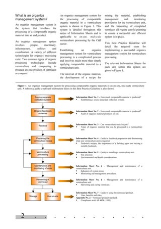 2 . . . . . . . . . . . .
What is an organics
management system?
An organics management system is
the system that involves the
processing of a compostable organic
material into an end product.
An organics management system
involves people, machinery,
infrastructure, utilities and
coordination. A variety of different
technologies for organics processing
exist. Two common types of organic
processing technologies include
vermiculture and composting to
produce an end product of vermicast
or compost.
An organics management system for
the processing of compostable
organic material in a vermiculture
system is shown in Figure 1. This
system is detailed throughout this
series of Information Sheets and is
applicable to on-site, mid-scale
vermiculture processing by the C&I
sector.
Establishing an organics
management system for vermiculture
processing is a complicated process
and involves much more than simply
applying compostable material to a
vermiculture unit.
The receival of the organic material,
the development of a recipe for
mixing the material, establishing
management and monitoring
procedures for the vermiculture unit,
and the harvesting of completed
vermicast all require careful planning
to ensure a successful and efficient
system is in place.
This Best Practice Guideline will
detail the required steps for
implementing a successful organics
management system for vermiculture
processing.
The relevant Information Sheets for
each step within this system are
given in Figure 1.
Figure 1. An organics management system for processing compostable organic materials in an on-site, mid-scale vermiculture
unit. A reference guide to relevant information sheets in this Best Practice Guideline is also shown.
Information Sheet No. 2 – How much compostable material is produced?
§ Audit of organics material produces on site.
Information Sheet No. 2 – How much compostable material is produced?
§ Establishing a source separated collection system.
Information Sheet No. 3 – Can vermiculture work for you?
§ Types of organics material that can be processed in a vermiculture
unit.
Information Sheet No. 4 – Guide to feedstock preparation and determining
what size vermiculture unit is required.
§ Feedstock recipes, the importance of a bulking agent and mixing a
suitable feedstock.
Information Sheet No. 5 – Guide to installing a vermiculture unit.
§ Site selection
§ Environmental and health considerations.
Information Sheet No. 6 – Management and maintenance of a
vermiculture unit.
§ Indicators of system stress
§ Monitoring and management procedures
Information Sheet No. 6 – Management and maintenance of a
vermiculture unit.
§ Harvesting and curing vermicast.
Information Sheet No. 7 – Guide to using the vermicast product.
§ Uses, benefits and risks.
Appendix No. 2 – Vermicast product standard.
§ Compliance with AS 4454 (1999).
Source separate
collection system
Organic feedstock
materials
Receival
Preparing the
vermiculture recipe
Vermiculture
processing
Harvesting of
vermicast
Storage Use on-site
Maintenance and
monitoring of units
 