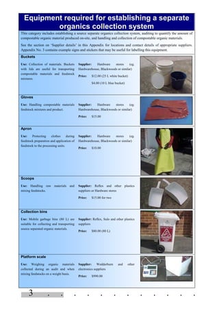 3 . . . . . . . . . . . .
Equipment required for establishing a separate
organics collection system
This category includes establishing a source separate organics collection system, auditing to quantify the amount of
compostable organic material produced on-site, and handling and collection of compostable organic materials.
See the section on ‘Supplier details’ in this Appendix for locations and contact details of appropriate suppliers.
Appendix No. 3 contains example signs and stickers that may be useful for labelling this equipment.
Buckets
Use: Collection of materials. Buckets
with lids are useful for transporting
compostable materials and feedstock
mixtures.
Supplier: Hardware stores (eg.
Hardwarehouse, Blackwoods or similar)
Price: $12.00 (25 L white bucket)
$4.00 (10 L blue bucket)
Gloves
Use: Handling compostable materials
feedstock mixtures and product.
Supplier: Hardware stores (eg.
Hardwarehouse, Blackwoods or similar)
Price: $15.00
Apron
Use: Protecting clothes during
feedstock preparation and application of
feedstock to the processing units.
Supplier: Hardware stores (eg.
Hardwarehouse, Blackwoods or similar)
Price: $10.00
Scoops
Use: Handling raw materials and
mixing feedstocks.
Supplier: Reflex and other plastics
suppliers or Hardware stores
Price: $15.00 for two
Collection bins
Use: Mobile garbage bins (80 L) are
suitable for collecting and transporting
source separated organic materials.
Supplier: Reflex, Sulo and other plastics
suppliers
Price: $80.00 (80 L)
Platform scale
Use: Weighing organic materials
collected during an audit and when
mixing feedstocks on a weight basis.
Supplier: Wedderburn and other
electronics suppliers
Price: $990.00
 