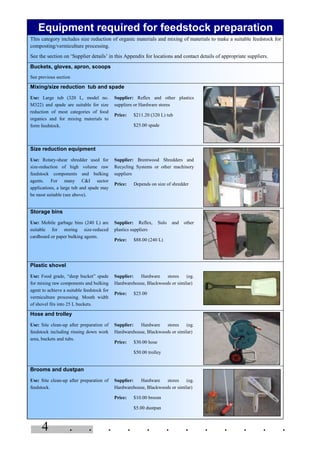4 . . . . . . . . . . . .
Equipment required for feedstock preparation
This category includes size reduction of organic materials and mixing of materials to make a suitable feedstock for
composting/vermiculture processing.
See the section on ‘Supplier details’ in this Appendix for locations and contact details of appropriate suppliers.
Buckets, gloves, apron, scoops
See previous section
Mixing/size reduction tub and spade
Use: Large tub (320 L, model no.
M322) and spade are suitable for size
reduction of most categories of food
organics and for mixing materials to
form feedstock.
Supplier: Reflex and other plastics
suppliers or Hardware stores
Price: $211.20 (320 L) tub
$25.00 spade
Size reduction equipment
Use: Rotary-shear shredder used for
size-reduction of high volume raw
feedstock components and bulking
agents. For many C&I sector
applications, a large tub and spade may
be most suitable (see above).
Supplier: Brentwood Shredders and
Recycling Systems or other machinery
suppliers
Price: Depends on size of shredder
Storage bins
Use: Mobile garbage bins (240 L) are
suitable for storing size-reduced
cardboard or paper bulking agents.
Supplier: Reflex, Sulo and other
plastics suppliers
Price: $88.00 (240 L)
Plastic shovel
Use: Food grade, “deep bucket” spade
for mixing raw components and bulking
agent to achieve a suitable feedstock for
vermiculture processing. Mouth width
of shovel fits into 25 L buckets.
Supplier: Hardware stores (eg.
Hardwarehouse, Blackwoods or similar)
Price: $25.00
Hose and trolley
Use: Site clean-up after preparation of
feedstock including rinsing down work
area, buckets and tubs.
Supplier: Hardware stores (eg.
Hardwarehouse, Blackwoods or similar)
Price: $30.00 hose
$50.00 trolley
Brooms and dustpan
Use: Site clean-up after preparation of
feedstock.
Supplier: Hardware stores (eg.
Hardwarehouse, Blackwoods or similar)
Price: $10.00 broom
$5.00 dustpan
 