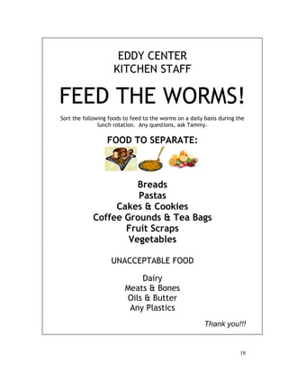 18
EDDY CENTER
KITCHEN STAFF
FEED THE WORMS!
Sort the following foods to feed to the worms on a daily basis during the
lunch rotation. Any questions, ask Tammy.
FOOD TO SEPARATE:
Breads
Pastas
Cakes & Cookies
Coffee Grounds & Tea Bags
Fruit Scraps
Vegetables
UNACCEPTABLE FOOD
Dairy
Meats & Bones
Oils & Butter
Any Plastics
Thank you!!!
 