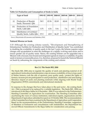 54 State of Indian Agriculture
Table 3.2: Production and Consumption of Seeds in India
Type of Seed 1991-92 1995-99 2000-01 2005-06 2009-10 2010-11
(i) Production of Breeder 34.9 43.36 42.69 68.64 105 119.21
Seeds, Thousand Qtls
(ii) Production of Foundation
Seeds, Lakh Qtls 3.75 4.76 5.91 7.4 10.5 17.53
(iii) Distribution of Certified/
Quality Seeds, Lakhs Qtls 57.5 69.9 86.27 126.75 257.11 277.3
Source: Directorate of Economics and Statistics, DAC
National Mission on Seeds
3.10 Although the existing scheme namely, “Development and Strengthening of
Infrastructure Facilities for Production and Distribution of Quality Seeds” has contributed
to doubling the availability of quality seeds in the last 5 years, the Scheme requires major
changes and up-gradation to meet the challenges of a rapidly evolving seed sector and to
ensure greater use of quality seeds. Hence, the existing Scheme can be upgraded into a
Mission with a focused, time bound and integrated agenda to improve availability of quality
seeds to farmers at reasonable prices. It is, therefore, proposed to launch the National Mission
on Seeds by subsuming the components of the existing seed scheme.
Box 3.1: The Seeds Bill, 2004
The Seeds Bill, 2004 aims to regulate the quality of seeds and planting material of all
agricultural, horticultural and plantation crops to ensure availability of true to type seeds
to Indian farmers; curb the sale of spurious, poor quality seeds ; protect the rights of
farmers; increase private participation in seed production , distribution and seed testing;
liberalize import of seeds and planting materials while aligning with World Trade
Organisation (WTO) commitments and international standards.
In response to the changes that have taken place in the seed sector , the existing Seeds
Act , 1966 is proposed to be replaced by a suitable legislation. The Seeds Bill , 2004 was
introduced in the Rajya Sabha on 9 December , 2004. It was referred to the Parliamentary
Standing Committee on Agriculture for examination. The Standing Committee after
ascertaining the views of various institutions, individual experts, organizations and the
Department of Agriculture submitted its report on 12 October 2006. The recommendations
of the Committee have been examined in the Department of Agriculture and Cooperation.
Based on the recommendations of the Parliamentary Standing Committee, suggestions
of Members of Parliament and consultations with stakeholders, the Department has
moved Official Amendments to the Rajya Sabha for consideration and passing.
 