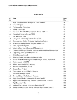 ix
Server-33832AGRIFinal Report SIA-PressIndex.......
List of Boxes
Sl. Title Page
No. No.
2.1 Apni Mitti Pahachane Abhiyan of Uttar Pradesh 24
2.2 STLs in Gujarat 25
2.3 Parthasarathy Committee 38
2.4 IWMP Objectives 39
2.5 Impact of Watershed Development Project ICRISAT 40
2.6 Watershed Projects Impact-TERI 41
3.1 The Seeds Bill, 2004 54
3.2 Changes in Fertilizer (Control) Order, 1985 57
3.3 Computerized Online Pesticide Registration System 60
3.4 Accreditation of pesticide analysis laboratories 60
3.5 Strict regulatory regime 60
3.6 Intensive Pest Surveillance and Management 61
3.7 Capacity building – National Institute of Plant Health Management 61
3.8 Upgrading plant quarantine services 62
4.1 Krishi Karman Awards 79
4.2 Bringing Green Revolution in Eastern India 80
4.3 Pulses Production Strategies contributing to record production 84
4.4 Achievements of NFSM 89
4.5 Salient features of MMA Scheme 92
4.6 Areas of Focus under RKVY 94
4.7 Golden Rays Project 101
4.8 Components of the HMNEH Mission 114
5.1 Minimum Support Prices 127
5.2 Types of Direct Marketing by Farmers 133
5.3 Agricultural Market Information System (AMIS) 138
5.4 Agricultural Outsourcing: Possible Opportunities for India 139
6.1 Agri Innovate India 144
6.2 National Agricultural Innovation Project (NAIP) 144
6.3 National Intitiative on Climate Resilient Agriculture (NICRA) 146
 