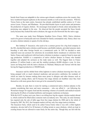 breeds from France are adaptable to the various agro-climatic conditions across the country; they
have weathered frequent typhoons in the monsoon months as well as hot dry summers. With his
Teresa Farm as the main centre, Inocencio has already established satellite centres in 15 sites
across Luzon, Visayas, and Mindanao. He provided breeder layers in each centre and promotes
the production of organic chicken. He encourages local people to breed, select and produce the
promising ones adapted in the area. He observed that the people accepted the Sasso breeds
easily because they looked like native chickens; the eggs are also brownish like the native eggs.
The same case study from Philippine Headline News (Vanzi, 2003) :Native chickens
used to be grown in backyards and were intended for family consumption only. Hence, there was
no native chicken industry to speak of in the old days.
But Anthony P. Inocencio, who used to be a contract grower for a big food company in
the 80's, decided that native chicken could become a profitable industry, provided someone starts
breeding it with other foreign breeds on a commercial scale. In 1997 he decided to mate
imported sasso (an acronym for selectione de avecoledela Sartre etsudouest or selections from
Sartre, France and southwest) with local native chickens to produce a superior breed in meat and
egg production. SASSO is a cooperative of native chicken farmers in France who bonded
together and adopted the acronym as the trade name as well. The biggest farm in France
produces 25 million heads a year and the smallest produces 60,000 chicken a year. In Asia,
sassos are being bred with the native chickens in Thailand, Malaysia and Taiwan with the later
having the biggest production at 100,000 heads.
Inocencio said he shifted from white leghorns to native chickens knowing how they are
being pumped with so much chemical medicines and preventive antibiotics the residuals of
which are eaten by humans making them more prone to allergies and other diseases such as
breast cancer, among others; and b) because free range chicken are healthier since they feed
themselves with more greens that in turn get to be consumed by humans.
Besides, he said, there is room for starting a commercial native chicken industry in the
country considering that more and more consumers – who can afford it – are following the
Westerners hunger for organic food and the mounting volumes of scientific and medical research
showing the ill effects of residual antibiotics and inorganic medicines on humans.
With the GATT in place next year, there is no telling how big the organic chicken market abroad
is, which could not be filled unless someone starts an industry now. This early, he said, Germany
has required only the sale of table eggs from free range chicken by 2004 and in the whole of
Europe by 2007. By 2012, the European market will buy only free range (native) chickens.
The Inocencio Farm, which used to be called Teresa Farms when it was still a white leghorn
enterprise, devotes half of its 20 hectares of rolling terrain to sasso chickens, which are kept in
existing houses but are allowed to roam freely for the entire day. Though they are fed with the
 