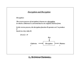 Encryption and Decryption
Decryption:
The reverse process of encryption is known as a decryption,
in which a cihhertext is converted back to its original cleartext form.
In the reverse process, the decryption function D operates on C to produce
P
based on a key value K:
D k (C) = P
Decryption
Key
Ciphertex
t
Plaintex
t
By:Shehrevar DavierwalaBy:Shehrevar Davierwala
 