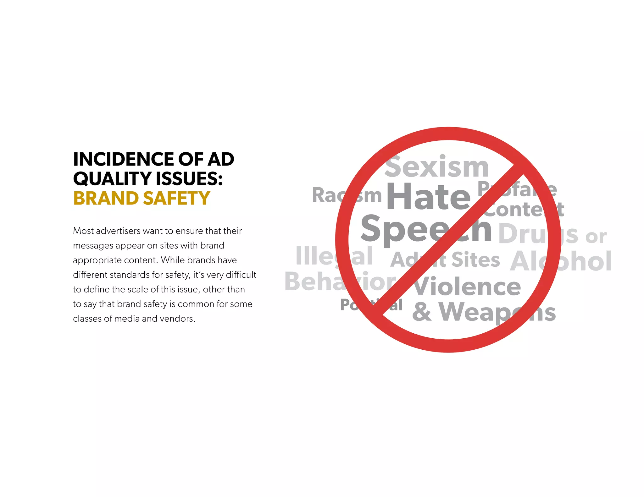 INCIDENCE OF AD
QUALITY ISSUES:
BRAND SAFETY
Most advertisers want to ensure that their
messages appear on sites with brand
appropriate content. While brands have
different standards for safety, it’s very difficult
to define the scale of this issue, other than
to say that brand safety is common for some
classes of media and vendors.
 
