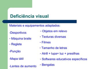 Deficiência visual
Materiais e equipamentos adaptados:
-Desportivos
- Máquina braile
- Reglete
-Punção
-Mapa tátil
-Lentes de aumento
- Objetos em relevo
- Texturas diversas
- Filmes
- Tamanho de letras
- Atrill + lupa+ luz + presilhas
- Softwares educativos específicos
- Bengalas
 
